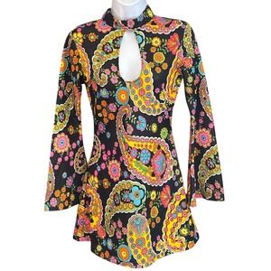 Y2K Leg Avenue Mini Dress Psychedelic 60s Retro Groovy Paisley Bell Sleeve S/M